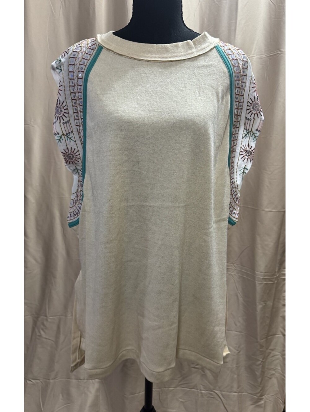 Blue Velvet XL Boho Embroidered Sequin Tunic Top Beige Turquoise NWT - Picture 2 of 13